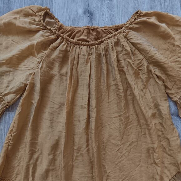 Womens Dress Medium Mini Peasant Bell Sleeve Ruffle Golden Fairy Cottage Beachy - Picture 8 of 10